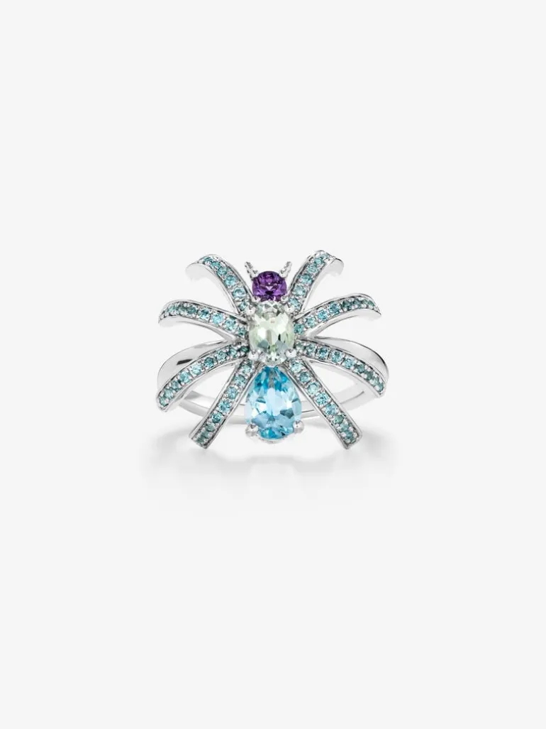 Anillo araña de plata con topacios y amatistas