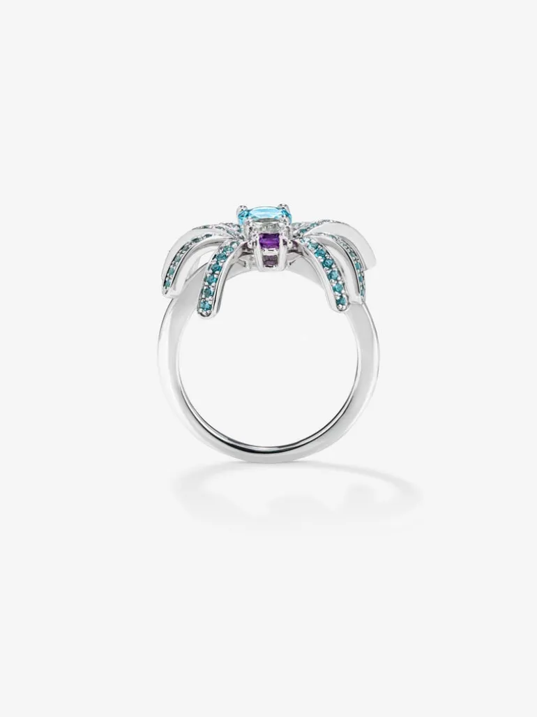 Anillo araña de plata con topacios y amatistas