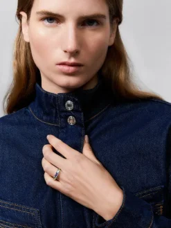 Anillo cinquillo de plata 925 con 2 peridotos, una amatista morada, y topacios azul swiss en talla brillante