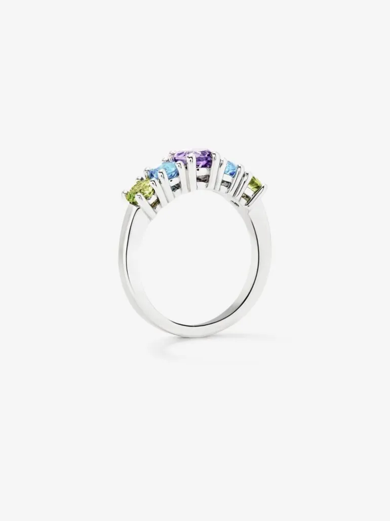Anillo cinquillo de plata 925 con 2 peridotos, una amatista morada, y topacios azul swiss en talla brillante