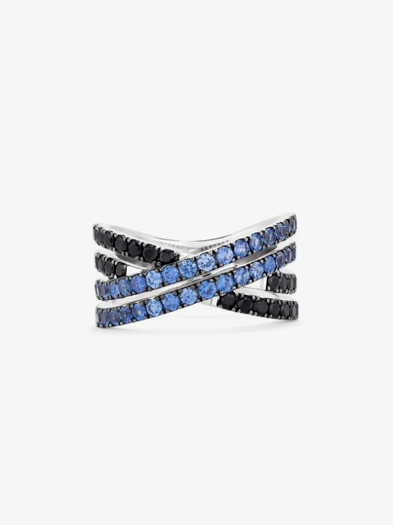 Anillo cruzado de doble brazo de plata 925 con 36 zafiros azules en talla brillante con un total de 1,26 cts y 22 espinelas negras con un total de 0,63 cts