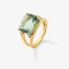 Anillo de oro amarillo de 18K con amatista verde en talla cushion de 7,3 cts y 4 diamantes en talla brillante con un total de 0,13 cts
