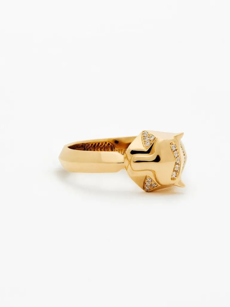 Anillo de oro amarillo de 18K con 26 diamantes en talla brillante con un total de 0,08 cts y forma de tigre
