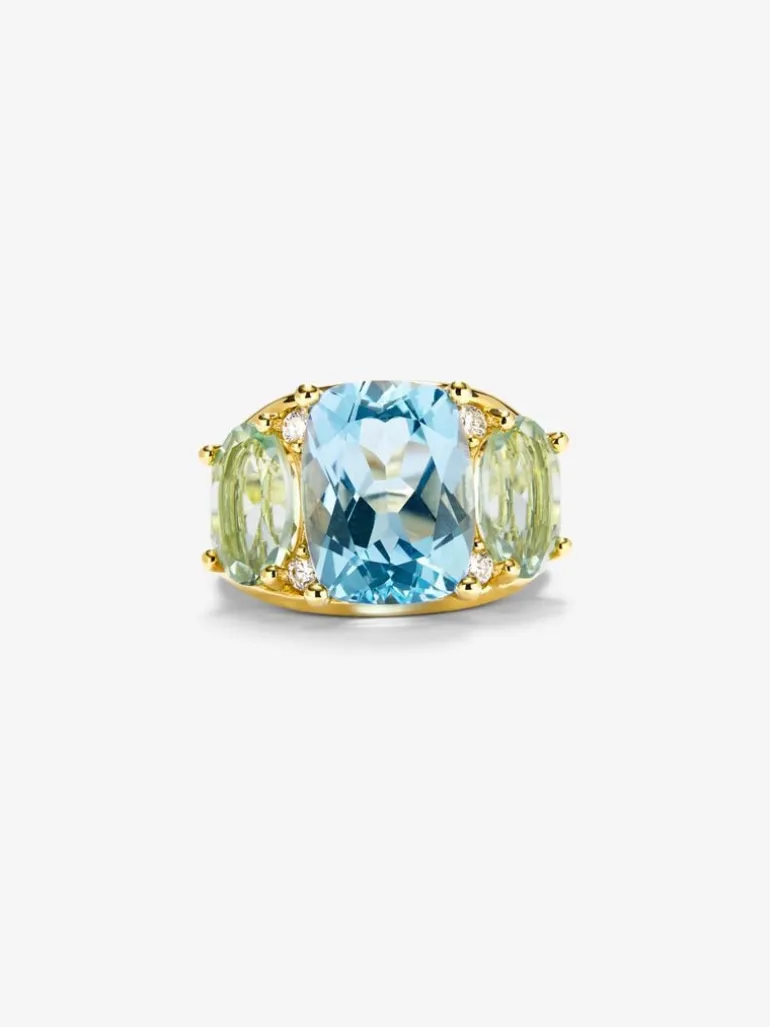 Anillo de oro amarillo de 18K con topacio azul sky en talla cushion de 5,5 cts, amatistas verdes en talla oval de 4,65 cts y diamantes blancos en talla brillante de 0,15 cts