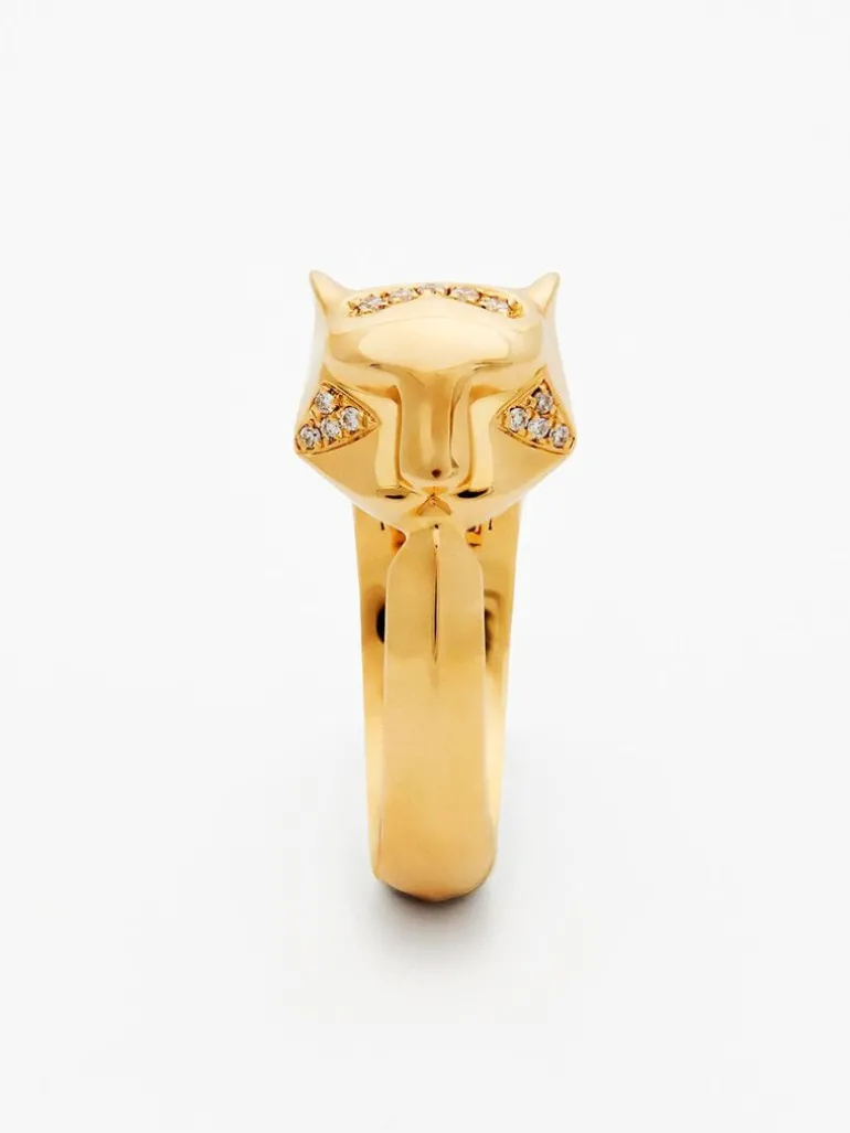 Anillo de oro amarillo de 18K con 26 diamantes en talla brillante con un total de 0,08 cts y forma de tigre