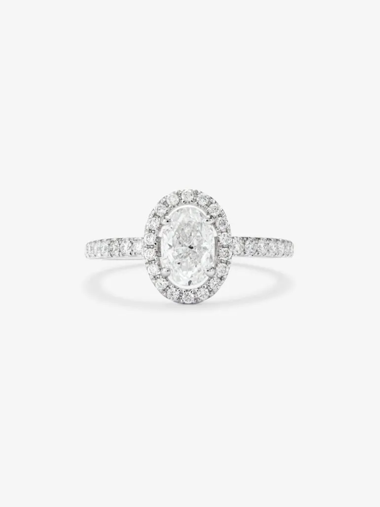 Anillo de oro blanco de 18K con diamantes blancos en talla oval de 1,01 cts y brillante de 0,35 cts