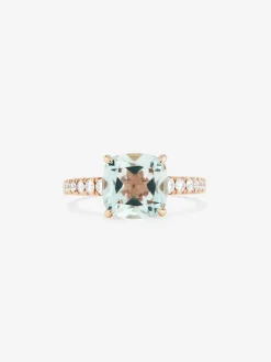 Anillo de oro rosa de 18K con amatista verde en talla cushion de 2,68 cts y 12 diamantes en talla brillante con un total de 0,29 cts