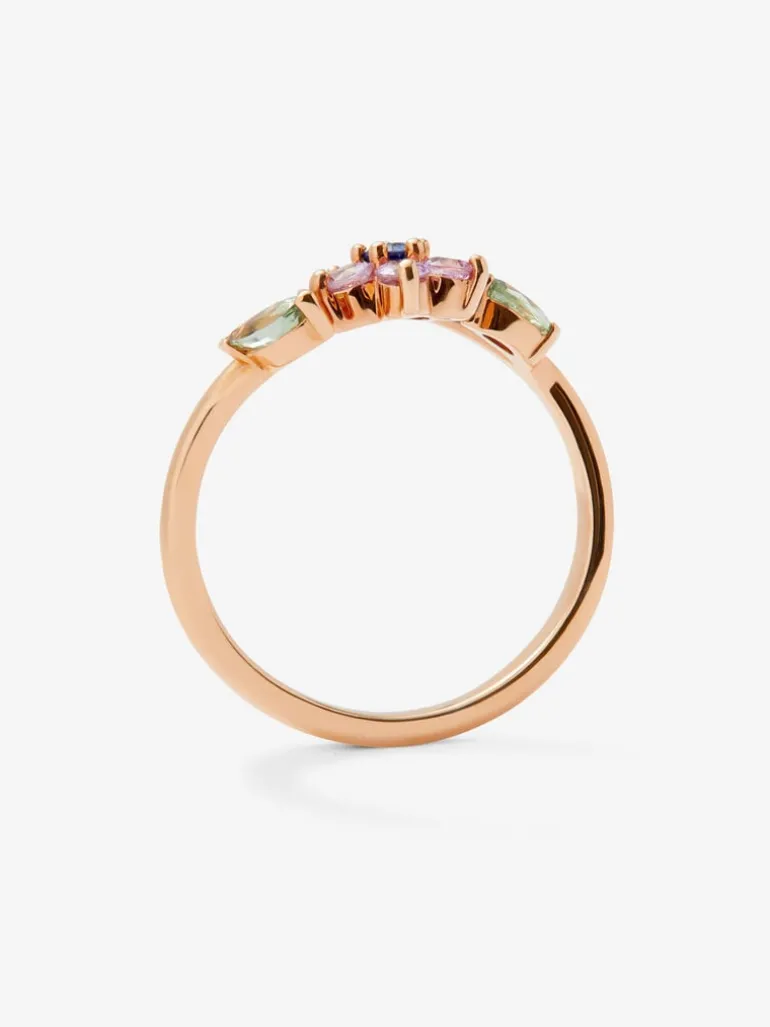 Anillo de oro rosa de 18K con 9 zafiros rosas, verdes y azules en talla brillante y marquise con un total de 0,55 cts