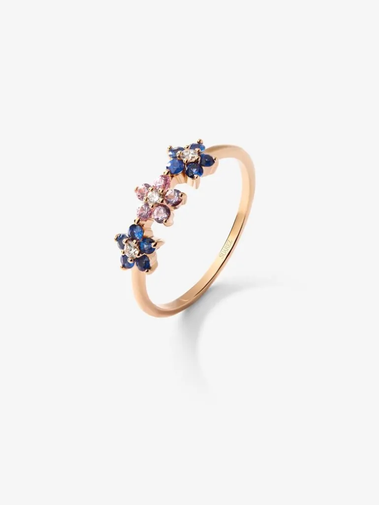 Anillo de oro rosa de 18kt con diamante y zafiros