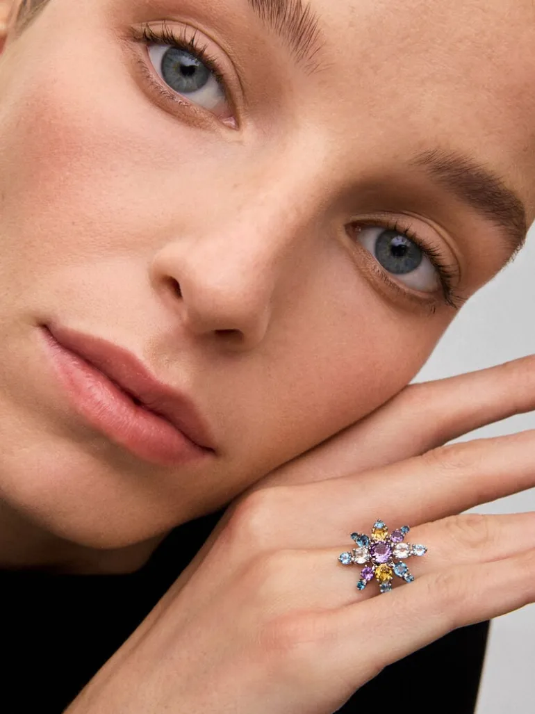 Anillo de plata 925 con amatistas, topacios y cuarzos citrinos