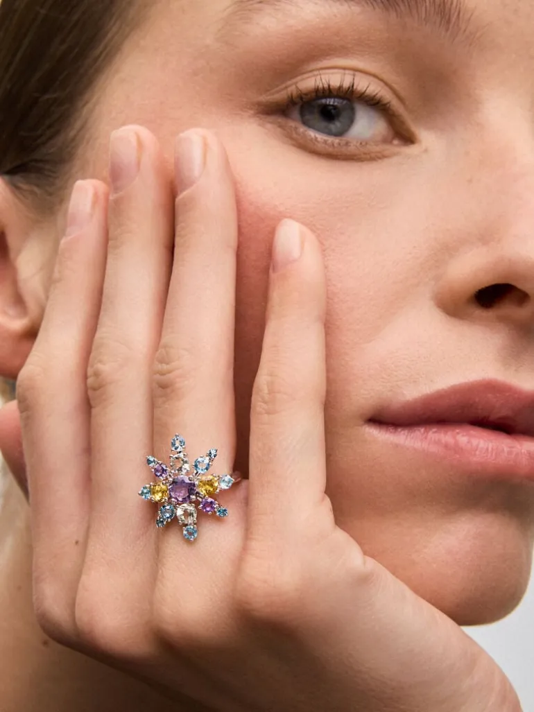Anillo de plata 925 con amatistas, topacios y cuarzos citrinos