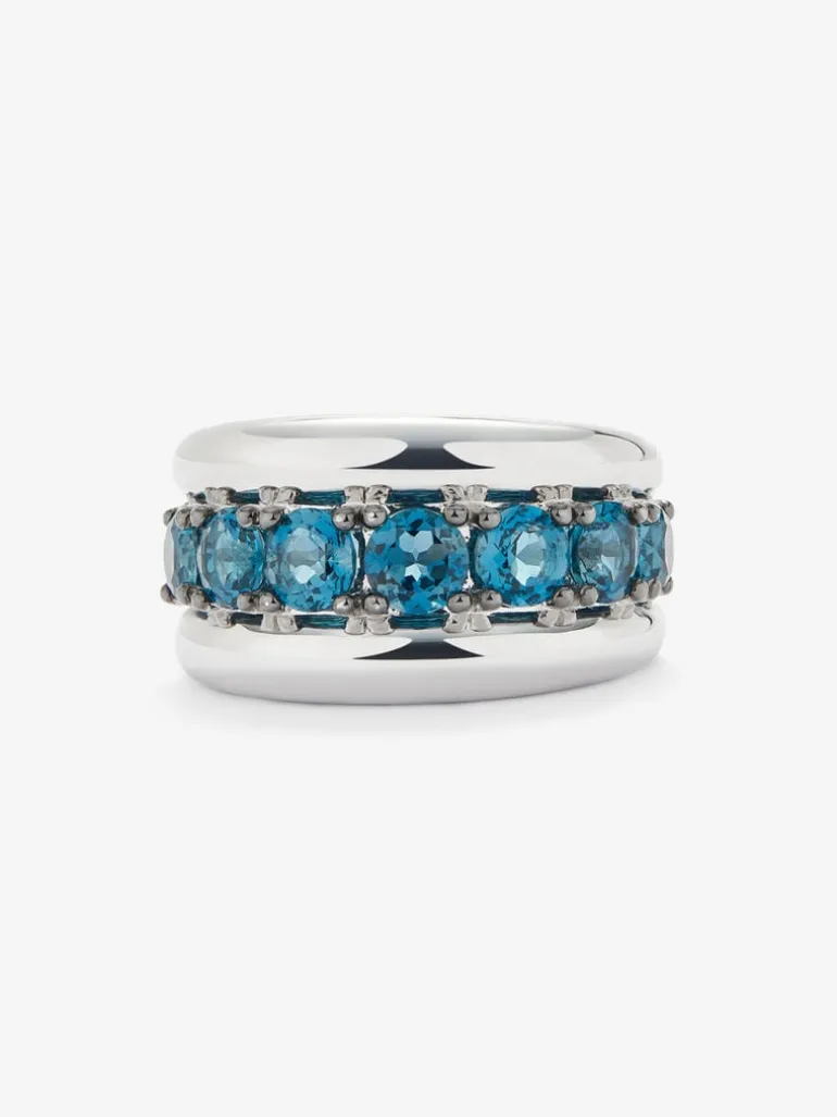 Anillo de plata 925 con pavé de topacios azul london en talla brillante