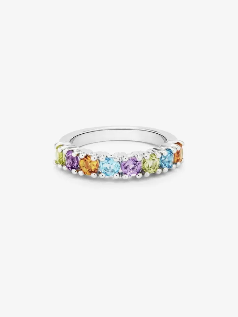 Anillo de plata 925 con peridotos, amatistas moradas, cuarzos citrinos y topacios azul swiss en talla brillante