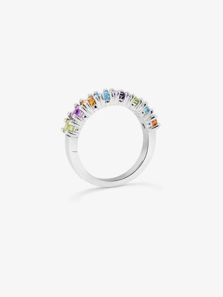Anillo de plata 925 con peridotos, amatistas moradas, cuarzos citrinos y topacios azul swiss en talla brillante