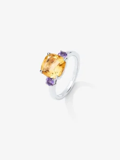 Anillo de plata con citrino central y amatistas moradas