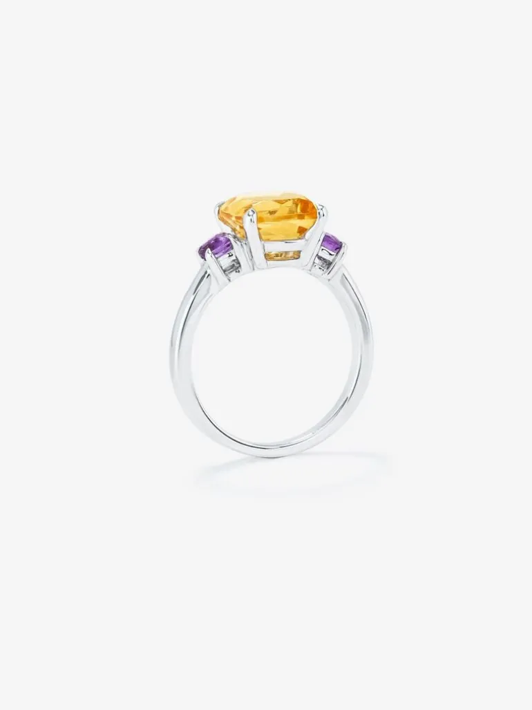 Anillo de plata con citrino central y amatistas moradas