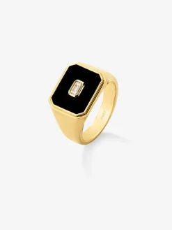 Anillo de sello grande de oro amarillo de 18K con ónix negro y diamante de 0,17 cts