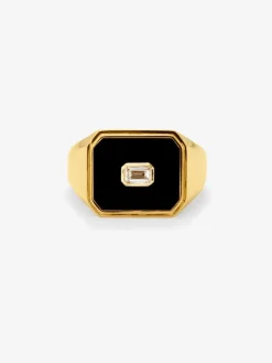 Anillo de sello grande de oro amarillo de 18K con ónix negro y diamante de 0,17 cts