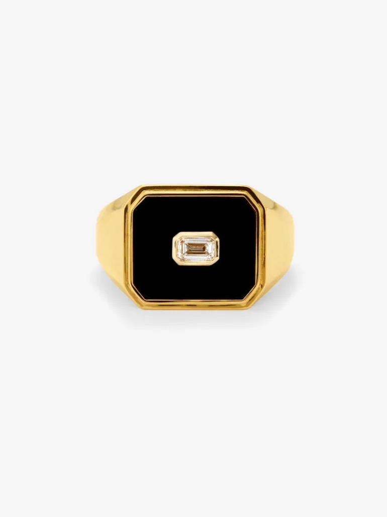Anillo de sello grande de oro amarillo de 18K con ónix negro y diamante de 0,17 cts