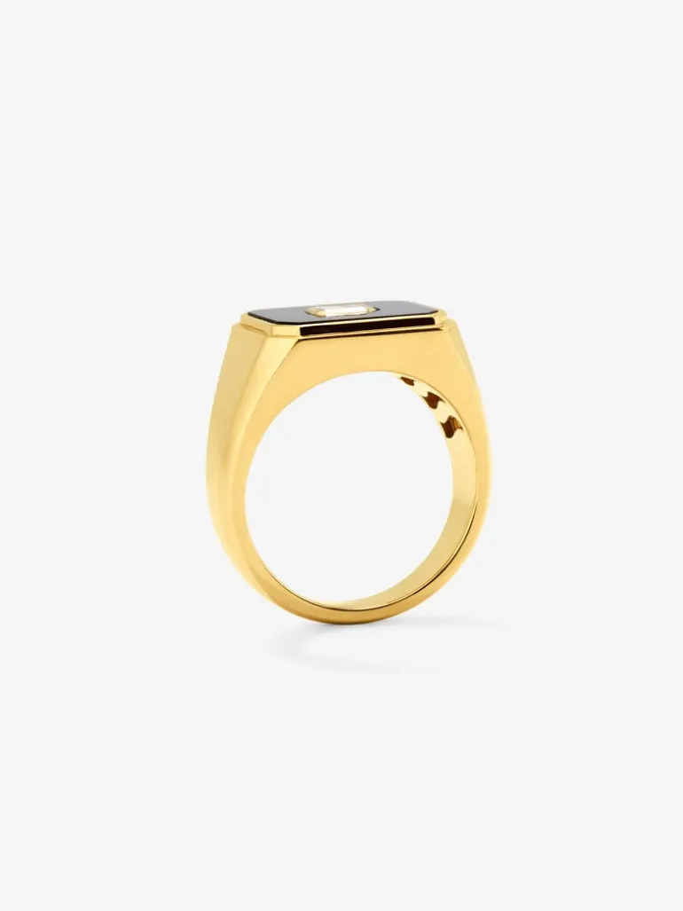Anillo de sello grande de oro amarillo de 18K con ónix negro y diamante de 0,17 cts