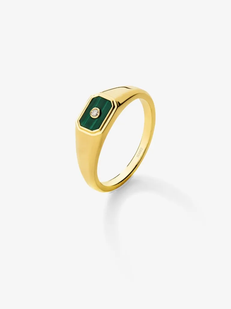 Anillo de sello pequeño de oro amarillo de 18K con malaquita verde de 0,2 cts y diamante en talla brillante de 0,01 cts