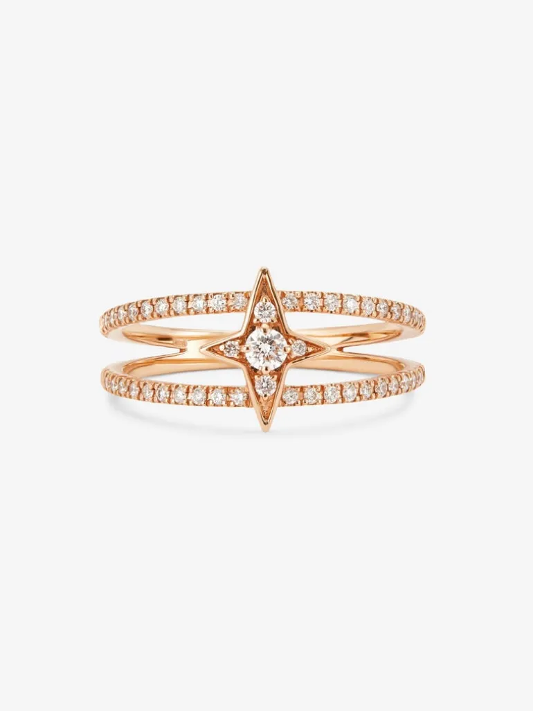 Anillo doble de oro rosa de 18K con estrella y 49 diamantes en talla brillante con un total de 0,29 cts