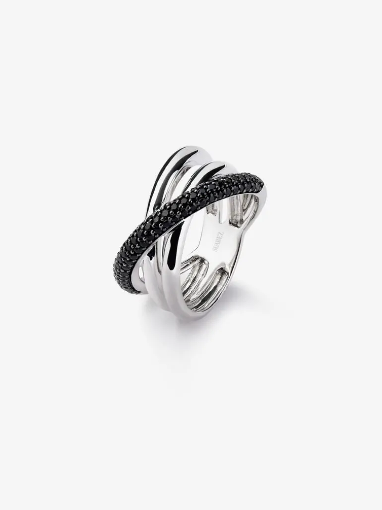 Anillo multibrazo cruzado de plata 925 con espinelas negras en talla brillante