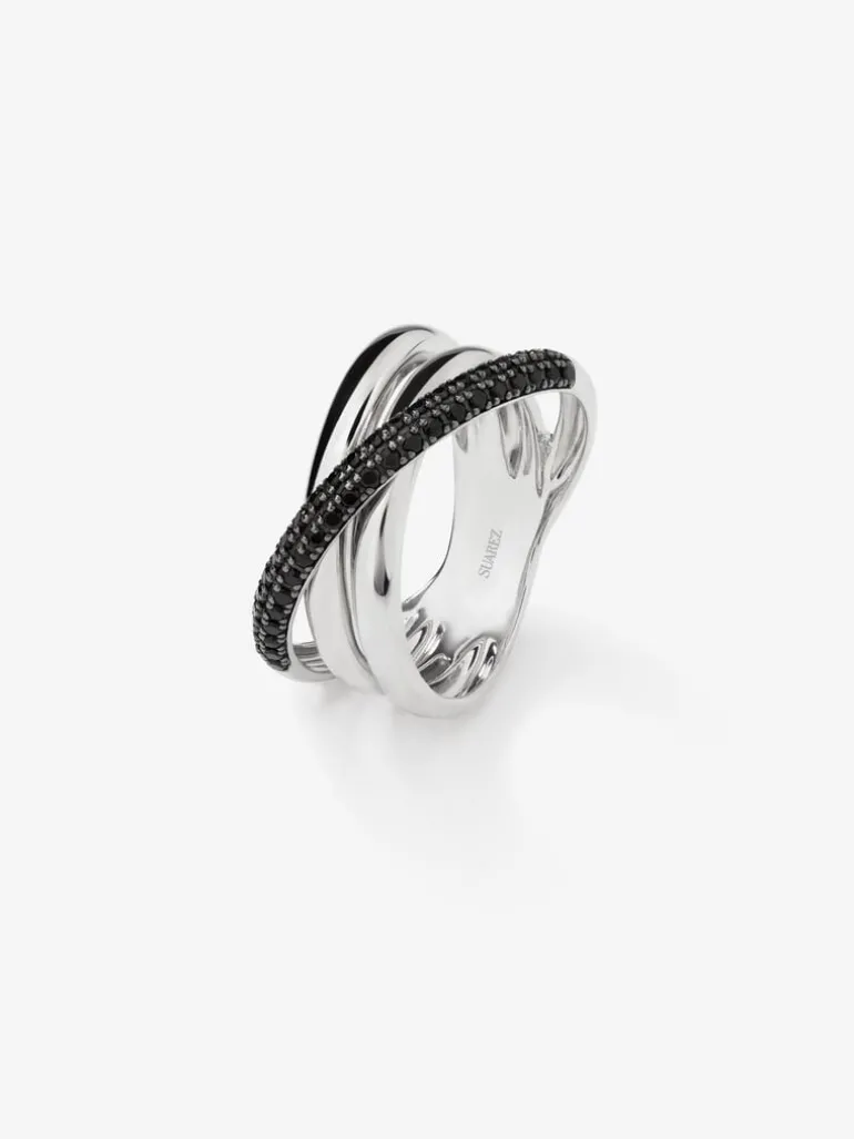 Anillo multibrazo cruzado de plata 925 con espinelas negras en talla brillante