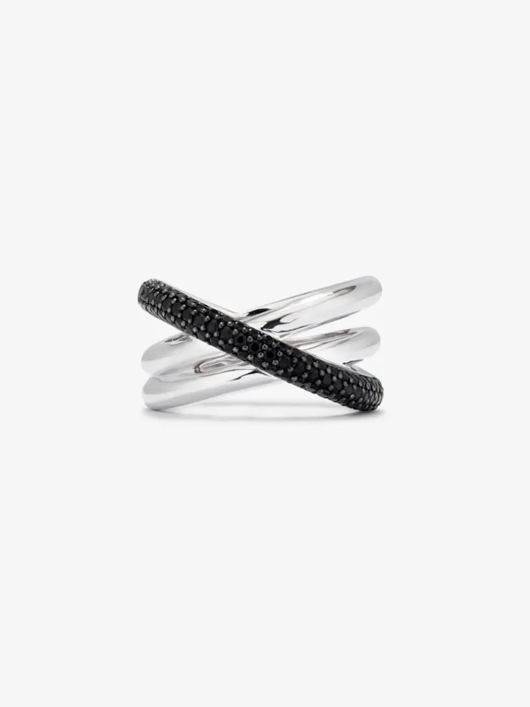 Anillo multibrazo cruzado de plata 925 con espinelas negras en talla brillante