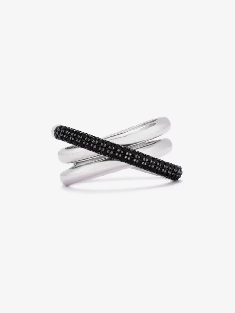 Anillo multibrazo cruzado de plata 925 con espinelas negras en talla brillante
