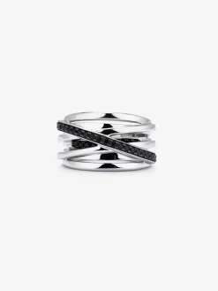 Anillo multibrazo cruzado de plata 925 con 36 espinelas negras en talla brillante