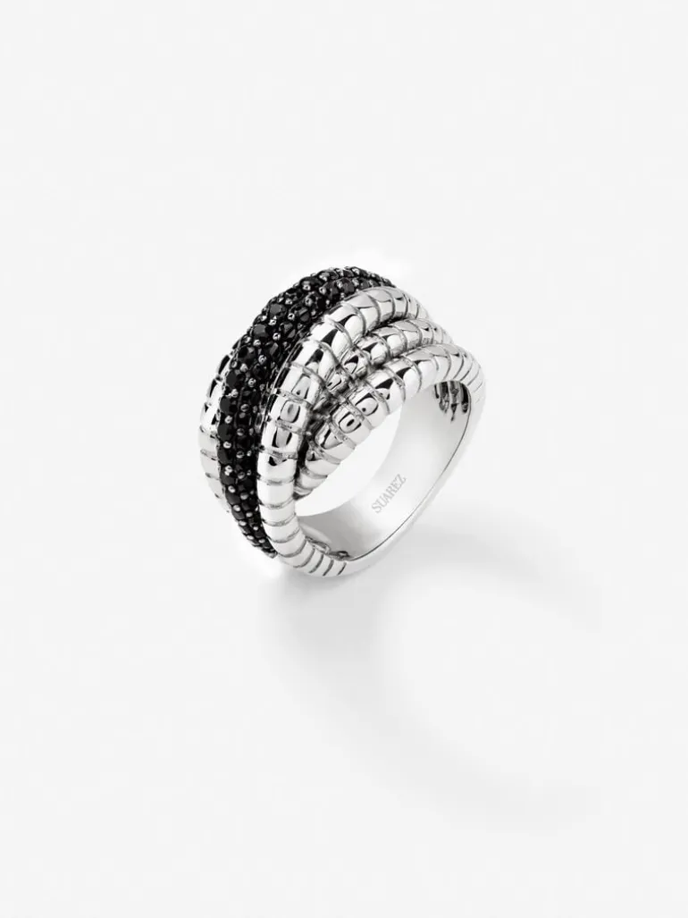 Anillo multibrazo de plata 925 con espinelas negras en talla brillante