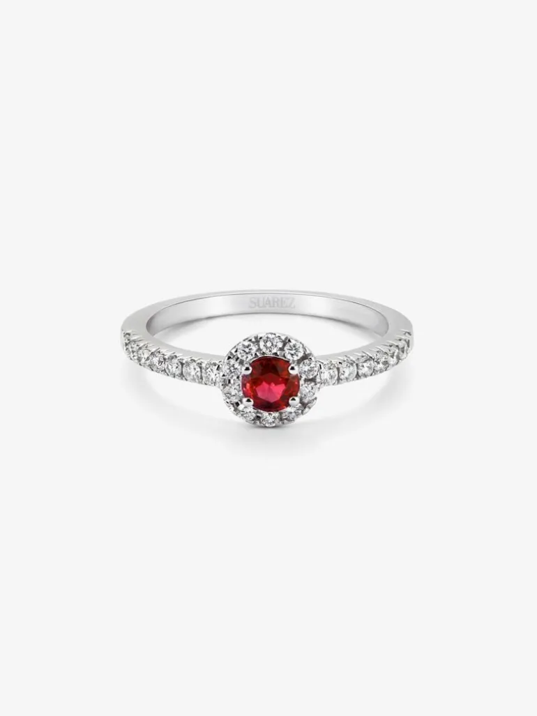 Anillo orla de oro blanco de 18K con rubi y diamante