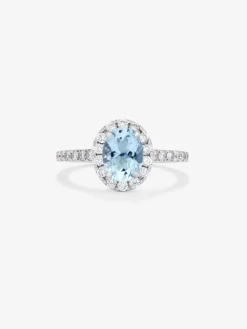 Anillo solitario de oro blanco de 18K con aguamarina y diamantes