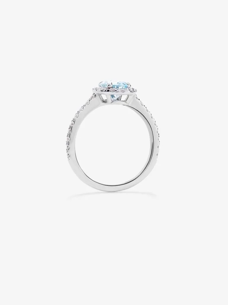 Anillo solitario de oro blanco de 18K con aguamarina y diamantes