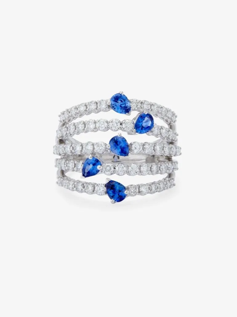 Anillo tú y yo de oro blanco de 18K con 5 zafiros azules en talla pera con un total de 1,13 cts y 60 diamantes en talla brillante con un total de 1 cts