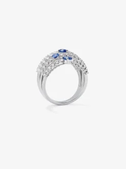 Anillo tú y yo de oro blanco de 18K con 5 zafiros azules en talla pera con un total de 1,13 cts y 60 diamantes en talla brillante con un total de 1 cts