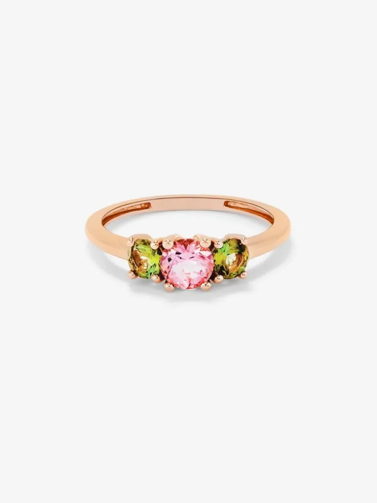 Anillo tresillo de oro rosa de 18K con 3 turmalinas multicolor en talla brillante