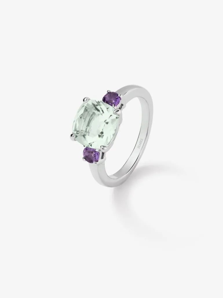 Anillo tresillo de plata 925 con amatista verde y morada