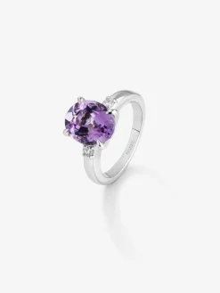 Anillo tresillo de plata 925 con amatista y diamantes