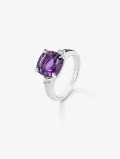 Anillo tresillo de plata 925 con amatista y diamantes