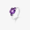 Anillo tresillo de plata 925 con una amatista morada en talla cushion y 2 amatistas moradas en talla brillante