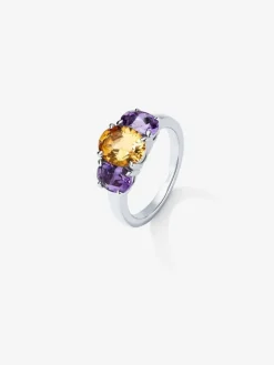 Anillo tresillo de plata 925 con cuarzo citrino en talla oval  y 2 amatistas moradas en talla oval