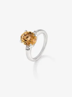 Anillo tresillo de plata 925 con citrino y diamantes