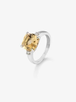 Anillo tresillo de plata 925 con citrino y diamantes