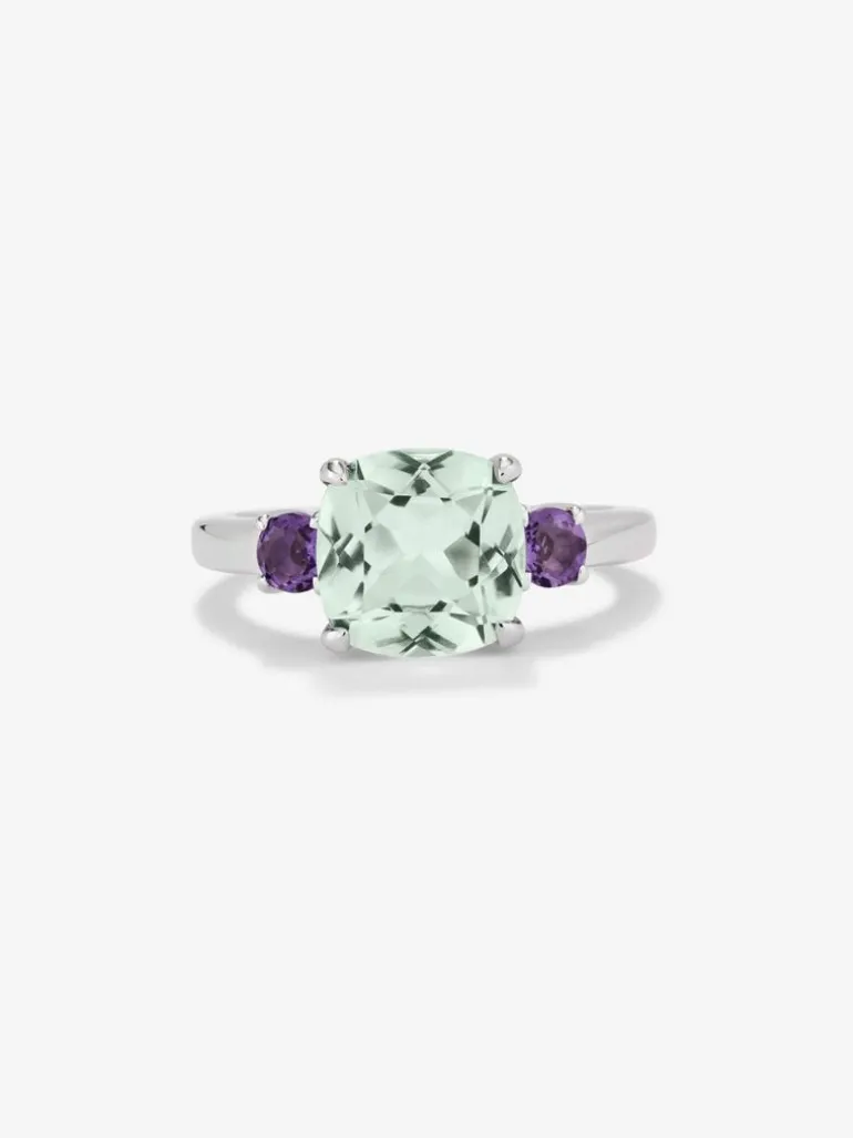 Anillo tresillo de plata 925 con amatista verde y morada