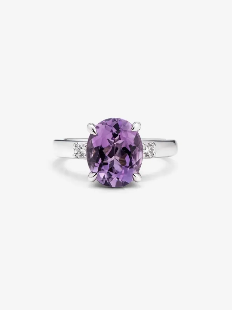 Anillo tresillo de plata 925 con amatista y diamantes