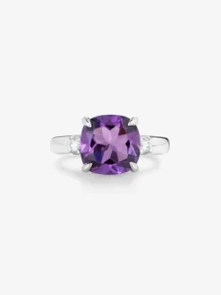 Anillo tresillo de plata 925 con amatista y diamantes