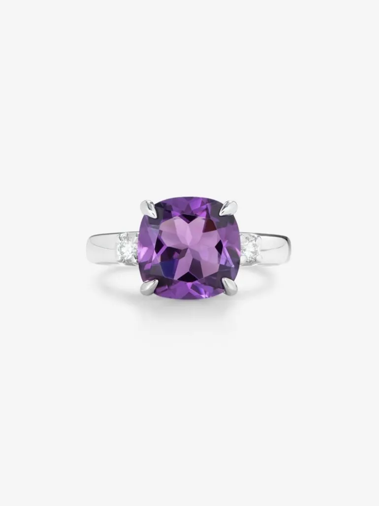 Anillo tresillo de plata 925 con amatista y diamantes