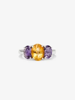Anillo tresillo de plata 925 con cuarzo citrino en talla oval  y 2 amatistas moradas en talla oval